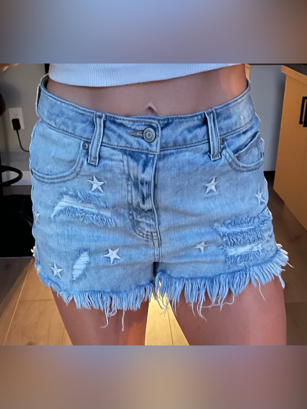 Fashion Nova Light Blue Star Appliqué Distressed Denim Shorts